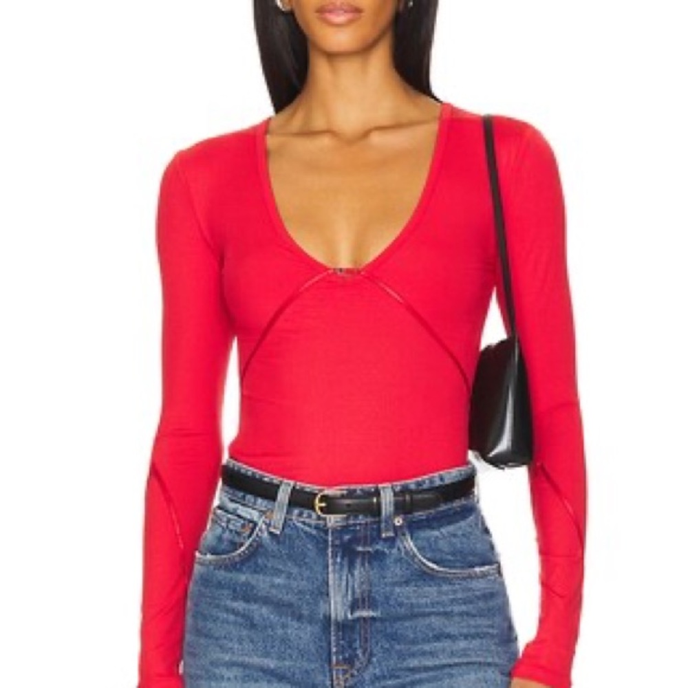 Free People X Intimately Fp Victoria Plunge Bodysuit In Red, Size Large